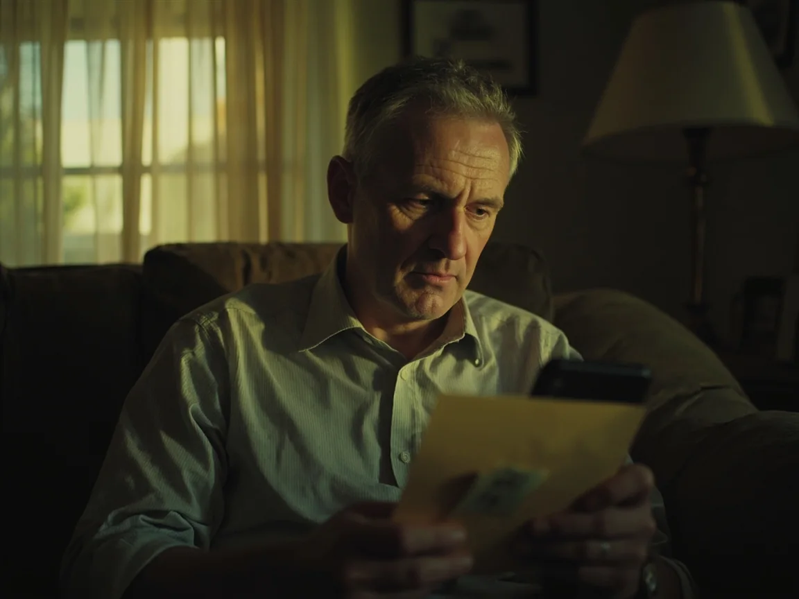 An adult setting aside a sealed envelope and turning an unbranded phone face down before watching cricket.