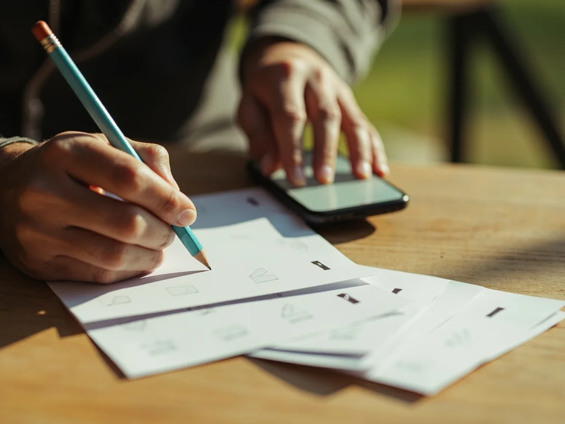 An adult using blank checklist cards beside a cricket fixture setup at a kitchen table.