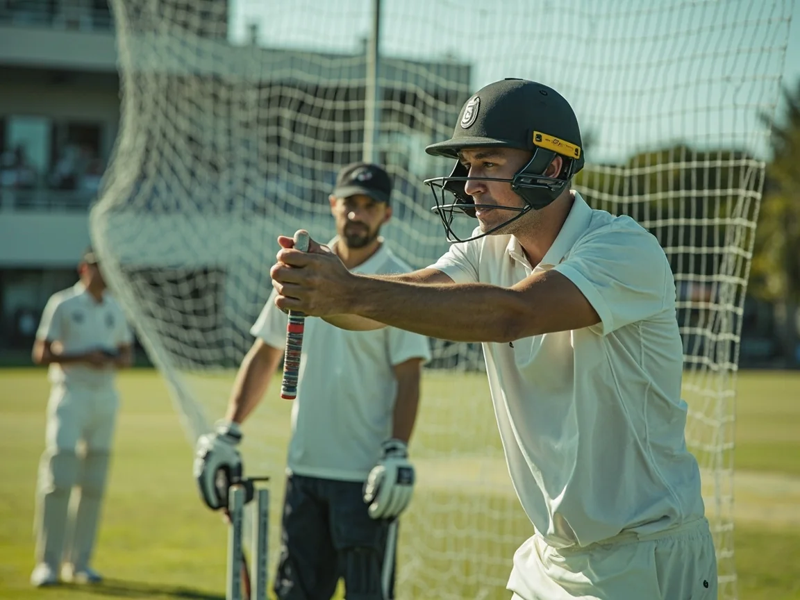 A coach demonstrating wicketkeeper stance while a batter and bowler wait in the background.