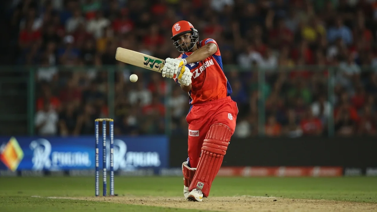 A senior franchise batter plays a controlled shot through the leg side during an evening T20 fixture