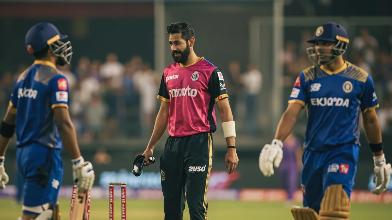 A medium-angle tactical frame of a captain and bowler conferring mid-over during a Twenty20 match, with fielders visible at slip and point