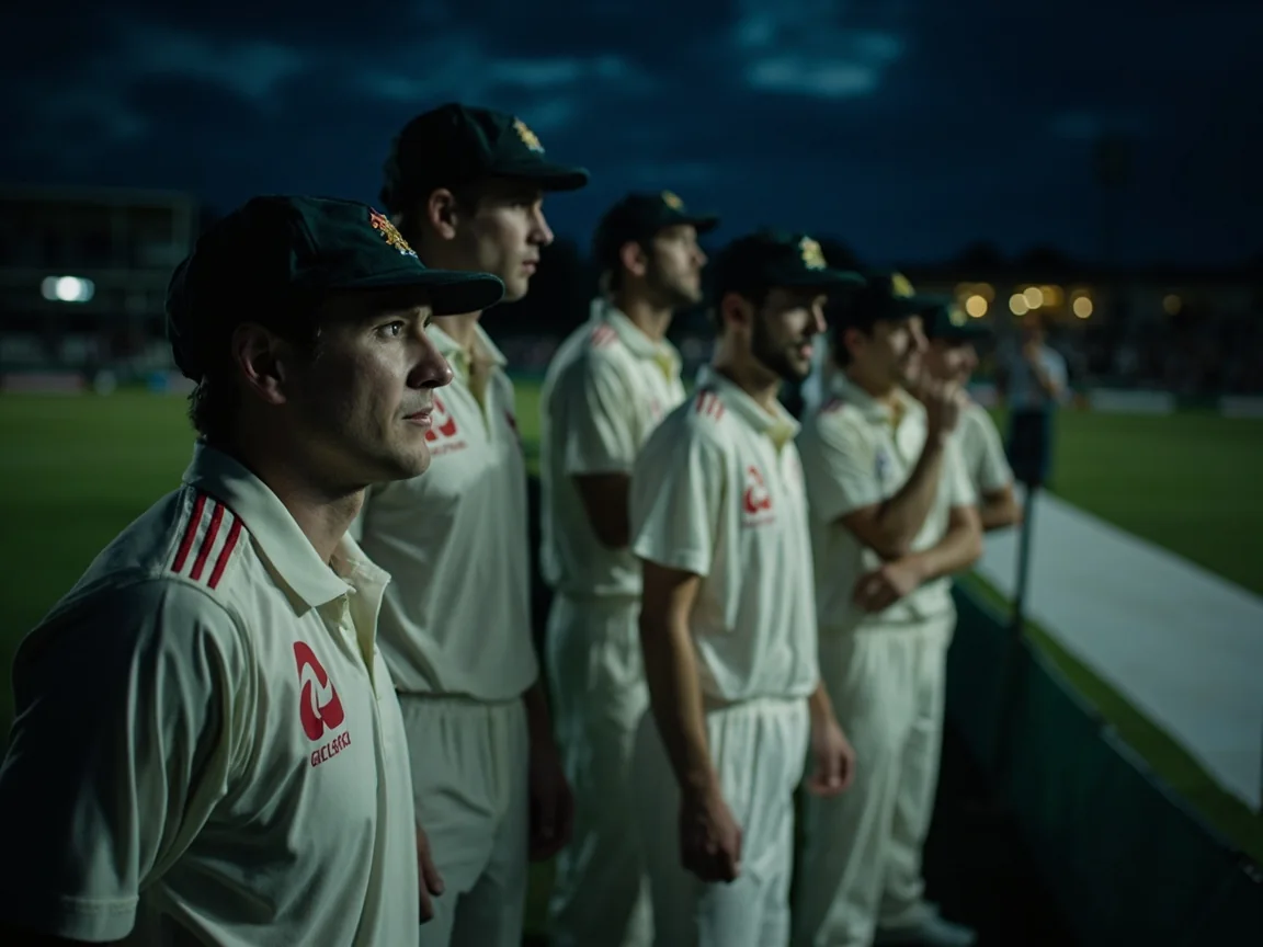 Generic professional cricketers waiting near a dugout during a night match.