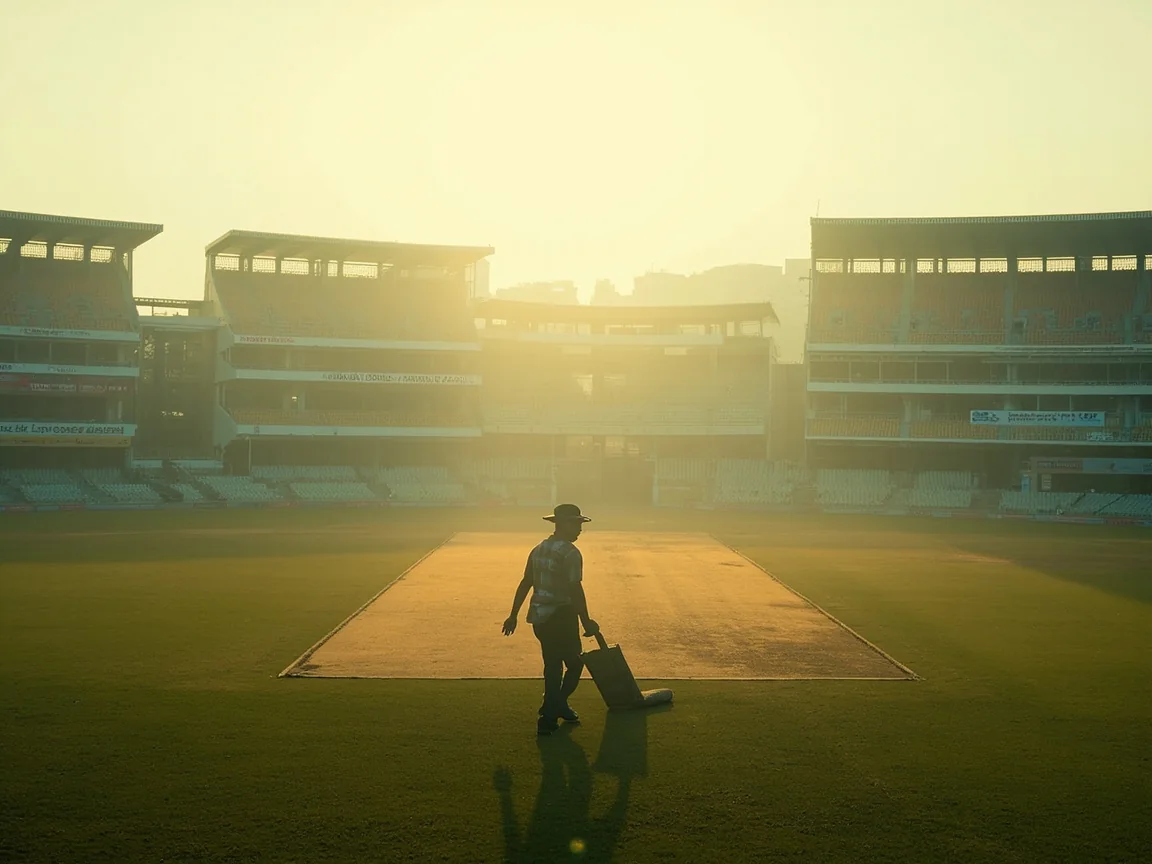 A dawn editorial photograph of an empty large cricket ground prepared for play, curator rolling the central strip.