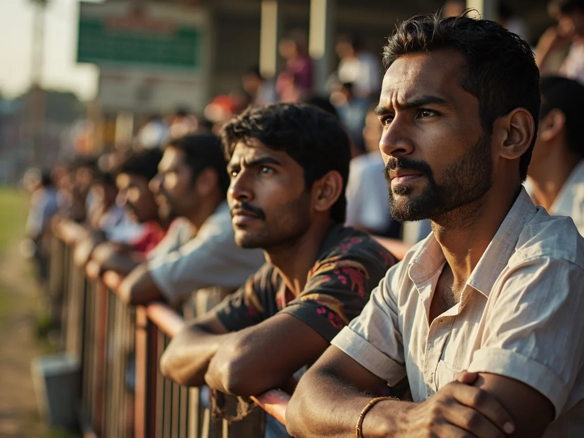 Spectators following a local cricket match from behind a boundary rope.