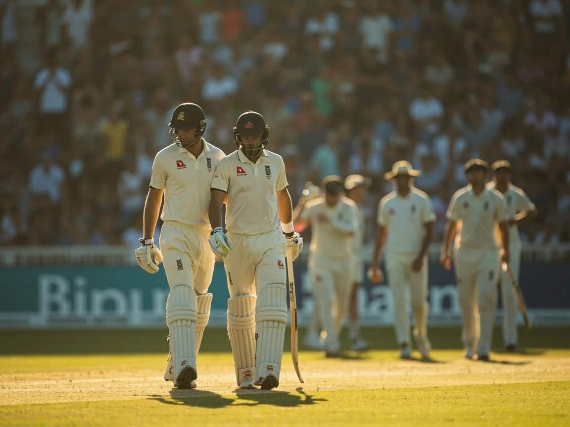 Players walking off a real cricket ground at an innings interval while staff reset the stumps.