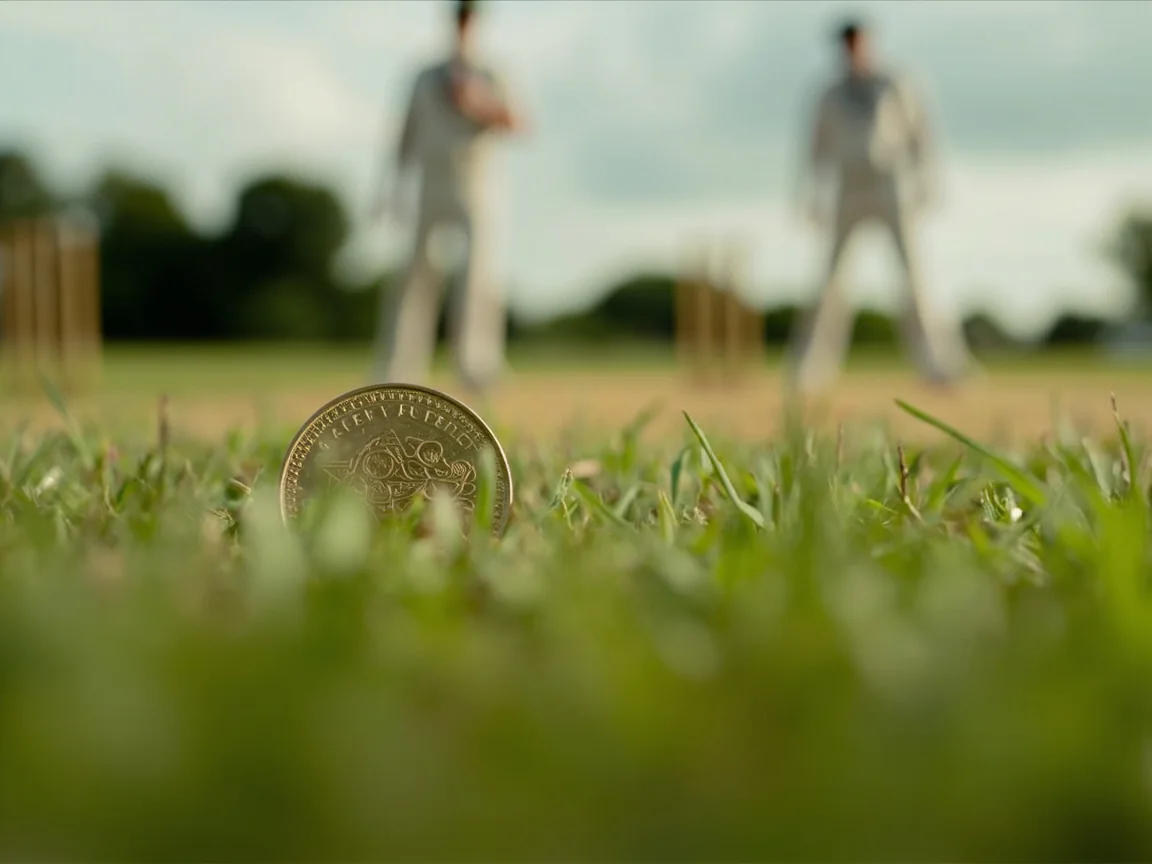 A neutral coin landing on grass near a cricket pitch while two captains stand softly out of focus.