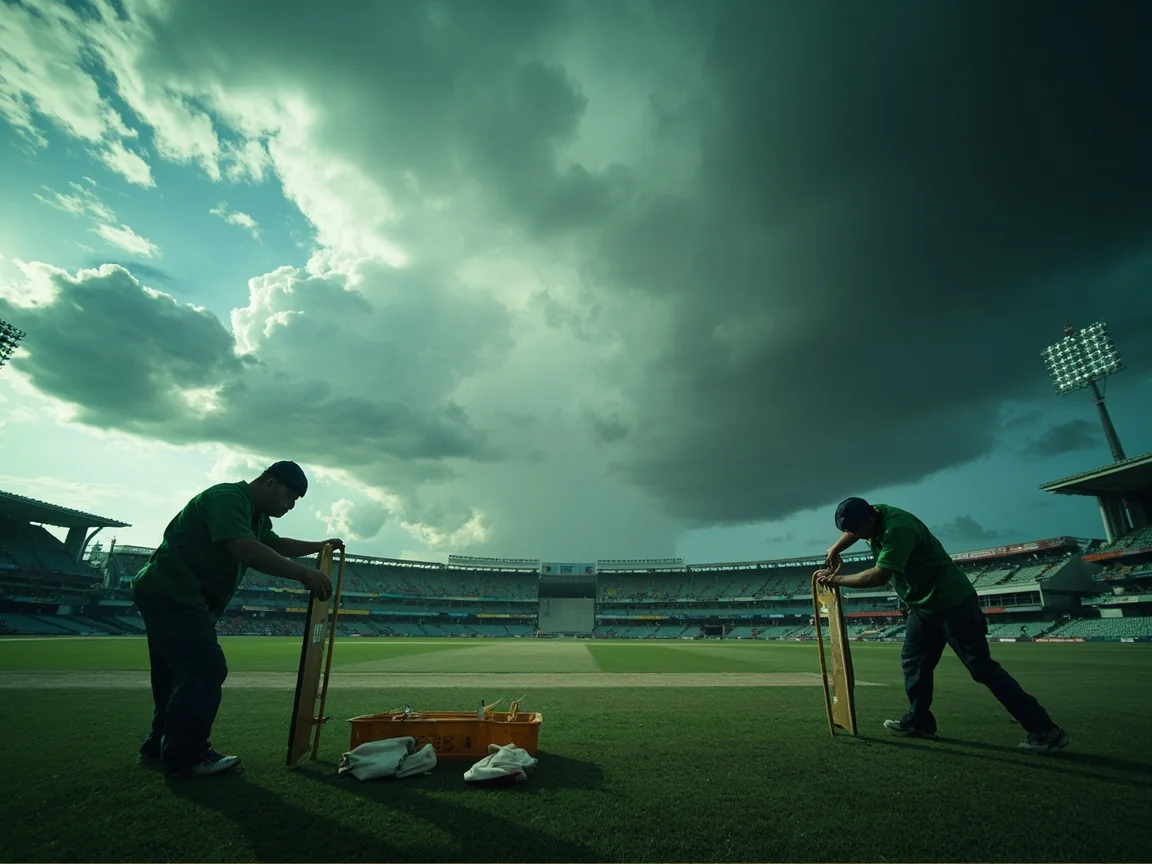 Grounds crew securing light covers as a monsoon cloud approaches a cricket venue.