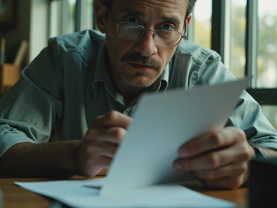 An adult examining an unbranded phone's physical condition beside blank audit cards at a desk.