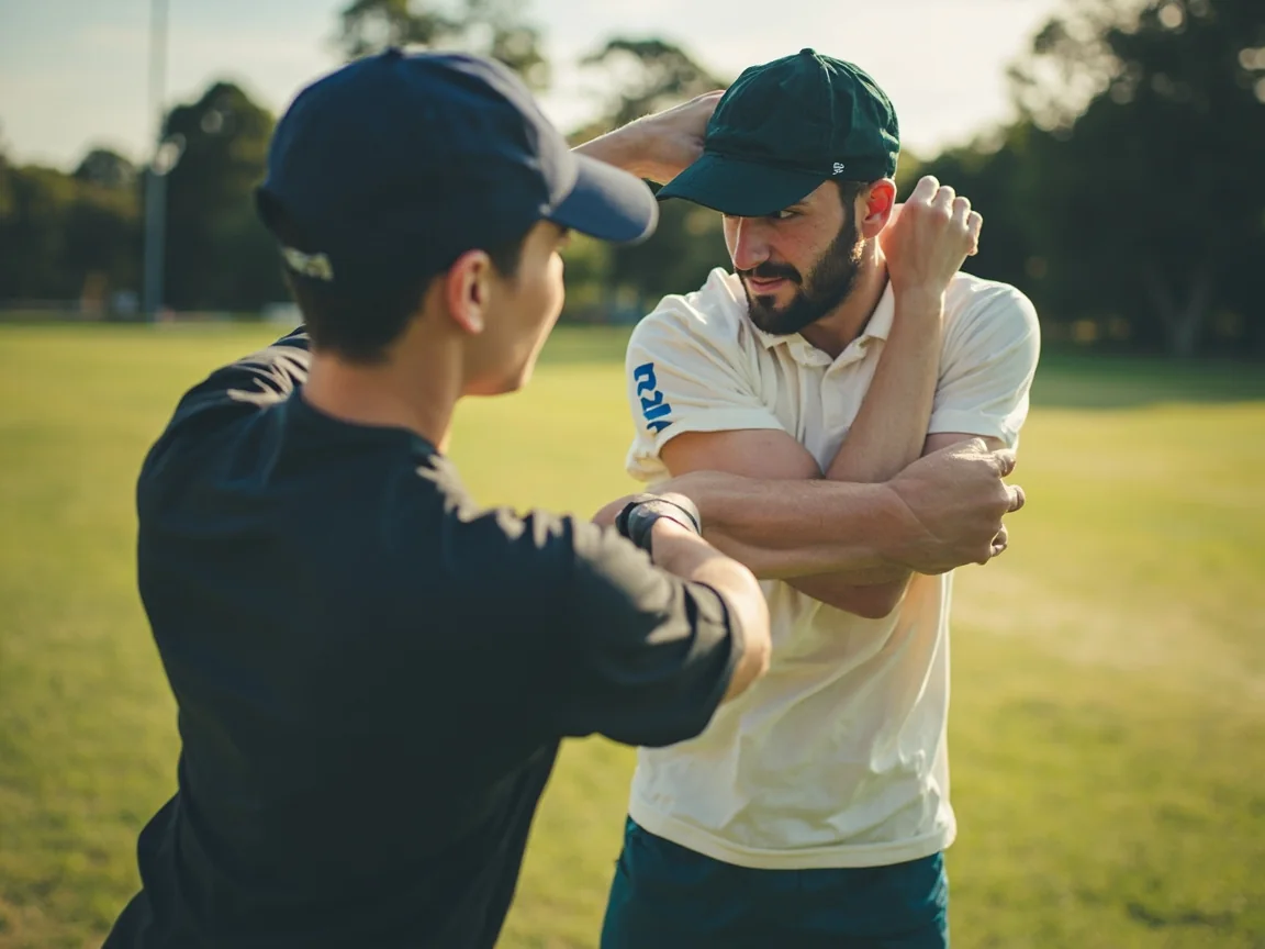 An adult club cricketer stretching with a physiotherapist beside a practice field.