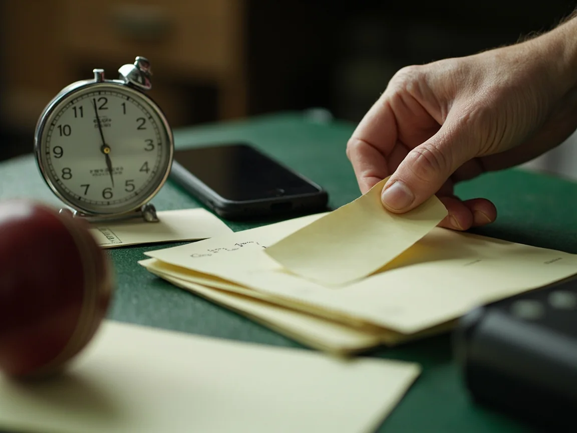 An analog clock, blank schedule cards, cricket ball and unbranded phone face down on a clubhouse desk.