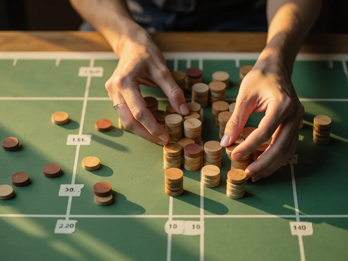 Hands arranging blank colored wooden tokens into balanced groups on an unmarked cricket-field board.