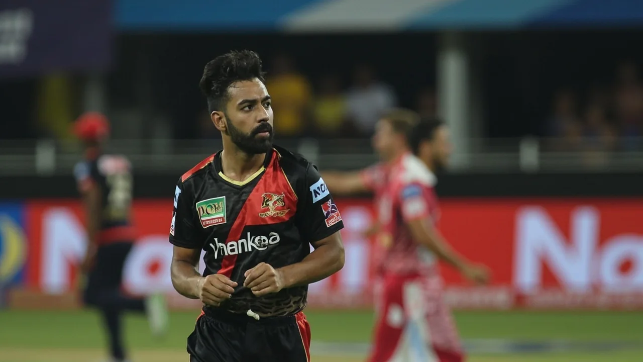 A captain and senior batter confer mid-pitch during a T20 match, with the bowling coach and a fielder visible in the background