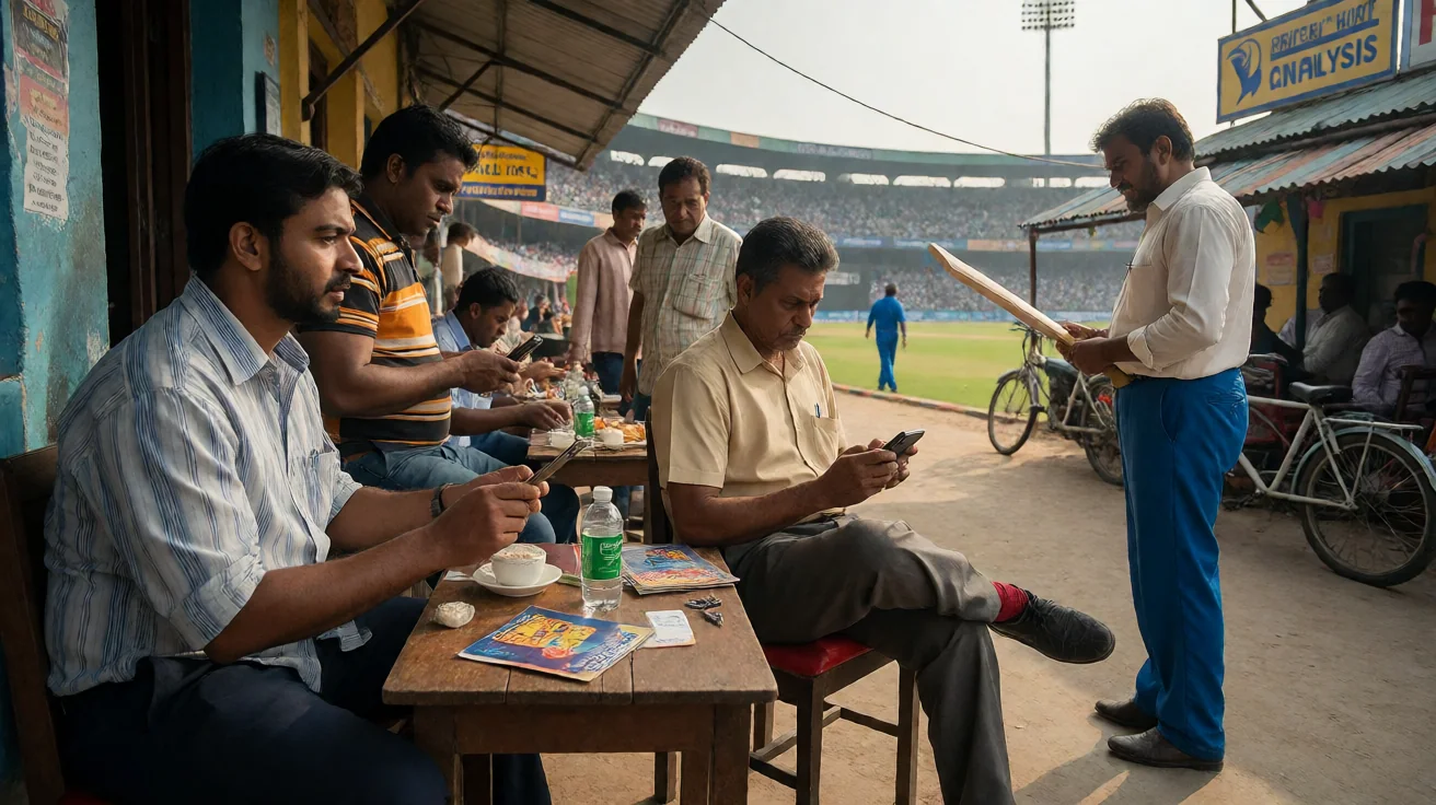 Wide establishing view of an Indian T20 league ground in late afternoon, with the prepared pitch block, square cut and lower stands layered into soft natural light