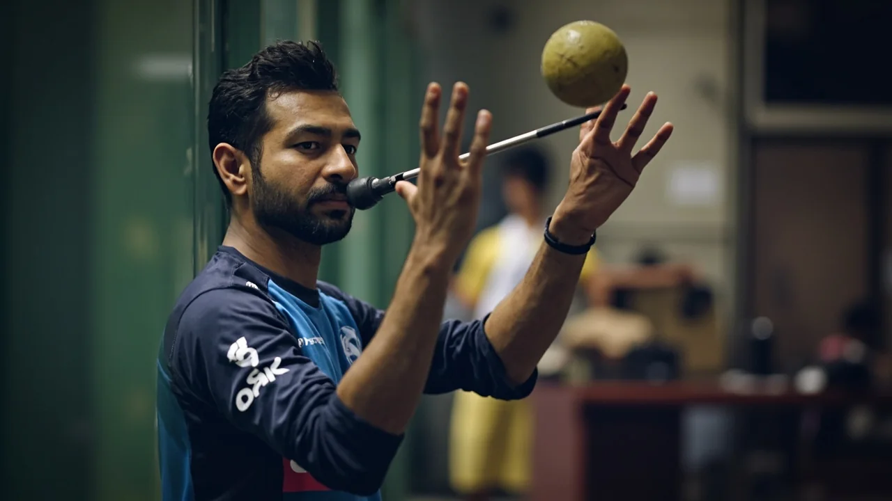 A medium editorial frame of a captain marking a field placement on a tactics tablet during a Twenty20 timeout, with bowlers visible in the background