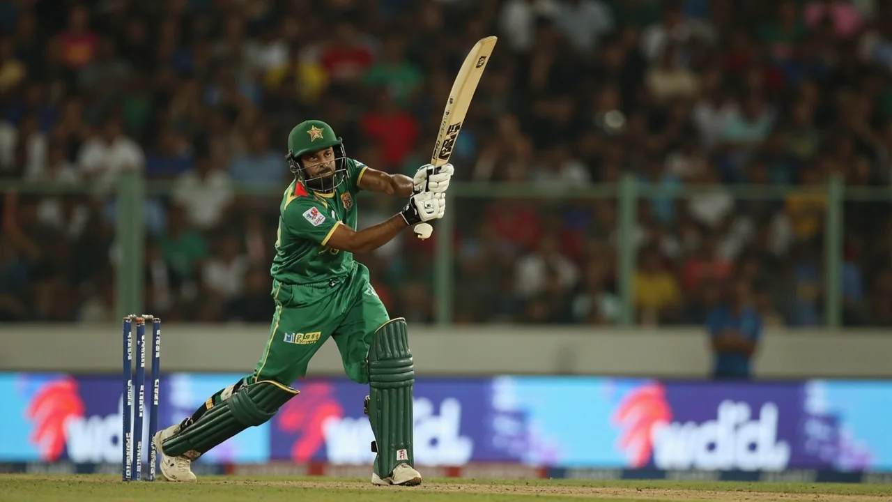 A batter drives on the off side during a T20 qualifier, with fielders repositioning in the background and the ball mid-flight toward the gap