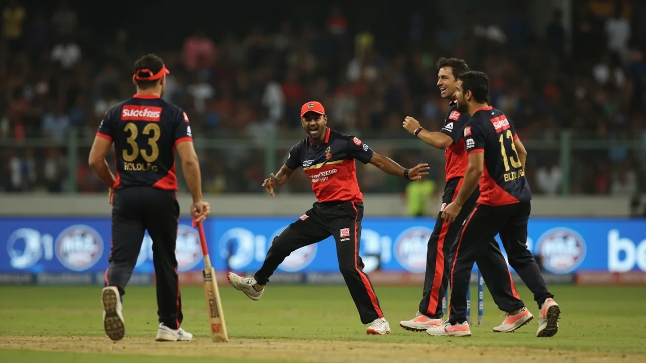 A captain and senior spinner conferring at mid-pitch during a quiet phase of a T20 match, with field settings visible in the background